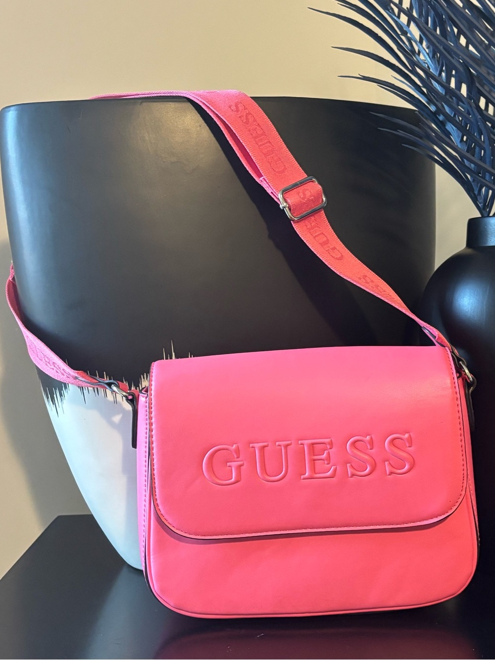 GUESS Neon Pink Embossed Logo Crossbody Bag